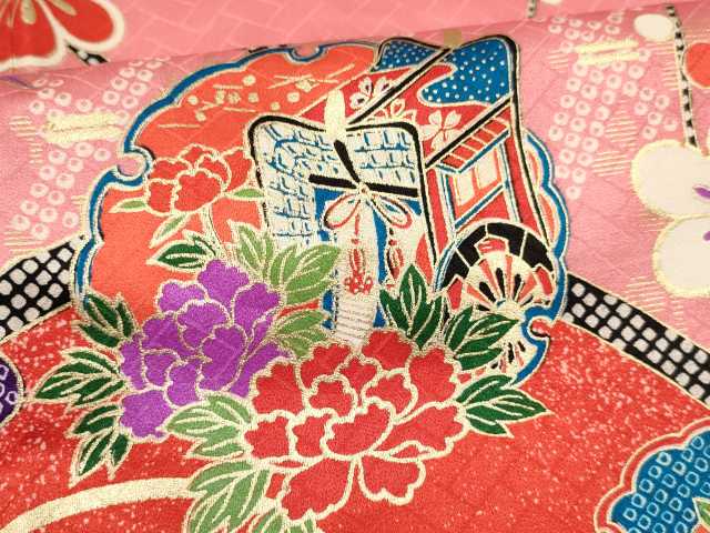 平和屋着物[]七五三　女の子　７歳　祝着　四つ身　長襦袢(単衣・半衿刺繍)セット　鳳凰　雪輪御所車花蝶文　金彩　逸品　DABA3569ma