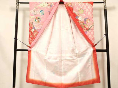 平和屋着物[]七五三　女の子　７歳　祝着　四つ身　長襦袢(単衣・半衿刺繍)セット　鳳凰　雪輪御所車花蝶文　金彩　逸品　DABA3569ma