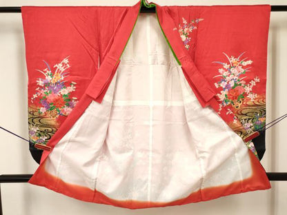 平和屋着物[]七五三　女の子　３歳　祝着　三つ身　長襦袢(単衣・半衿刺繍)セット　花車文　金彩　逸品　DABA3592ma