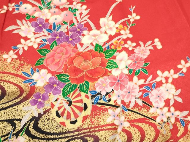 平和屋着物[]七五三　女の子　３歳　祝着　三つ身　長襦袢(単衣・半衿刺繍)セット　花車文　金彩　逸品　DABA3592ma
