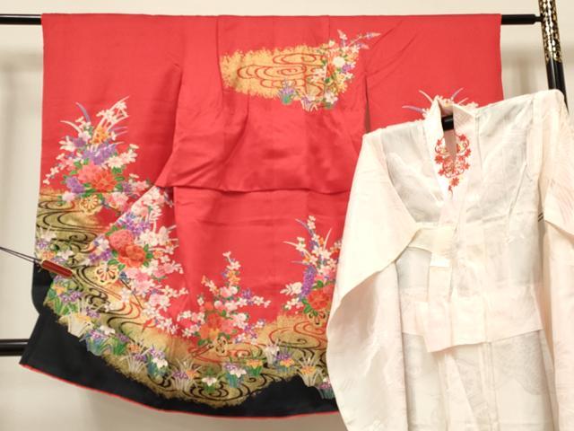 平和屋着物[]七五三　女の子　３歳　祝着　三つ身　長襦袢(単衣・半衿刺繍)セット　花車文　金彩　逸品　DABA3592ma