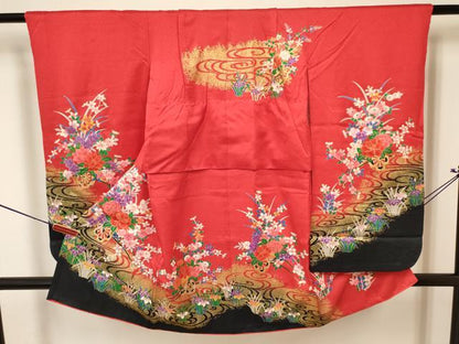 平和屋着物[]七五三　女の子　３歳　祝着　三つ身　長襦袢(単衣・半衿刺繍)セット　花車文　金彩　逸品　DABA3592ma