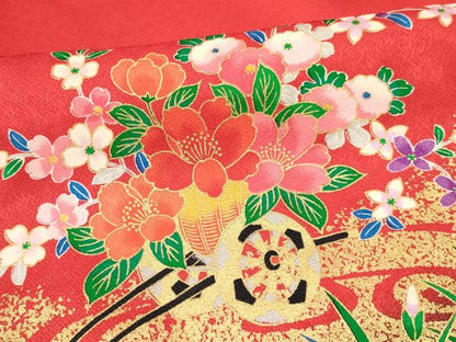 平和屋着物[]七五三　女の子　３歳　祝着　三つ身　長襦袢(単衣・半衿刺繍)セット　花車文　金彩　逸品　DABA3592ma
