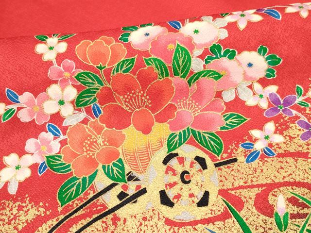 平和屋着物[]七五三　女の子　３歳　祝着　三つ身　長襦袢(単衣・半衿刺繍)セット　花車文　金彩　逸品　DABA3592ma
