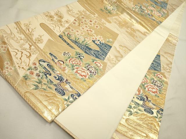 平和屋着物◎六通柄袋帯 唐織 色紙鴛鴦花文 金糸 正絹 逸品 DABA6777op