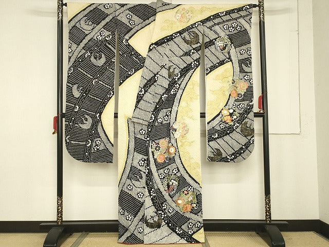 平和屋本店●豪華振袖・長襦袢セット（無双仕立て）　絞り　刺繍　花丸文　金銀糸　金彩　正絹　逸品　AAAT3030np