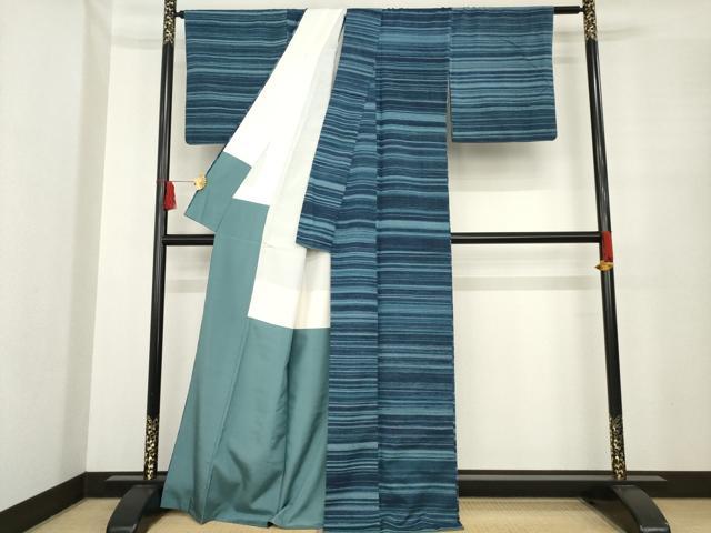 ①郡上紬？　風合い良い紬　紺に横段　袷　正絹 平和屋着物○郡上紬 草木染 横段文 正絹 逸品 AABE7590ck