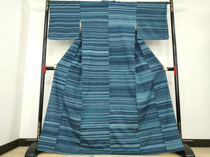 平和屋着物●郡上紬　草木染　横段文　正絹　逸品　AABE7590ck