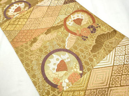 平和屋着物●六通柄袋帯　唐織　花蝶丸文　金糸　正絹　逸品　CABB9228hy