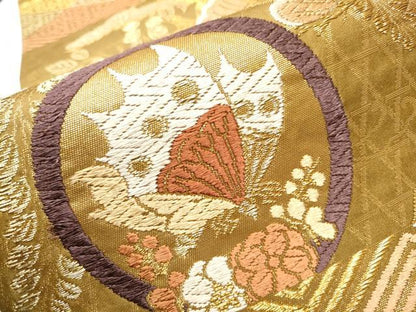 平和屋着物●六通柄袋帯　唐織　花蝶丸文　金糸　正絹　逸品　CABB9228hy