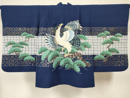 平和屋着物[]七五三　男の子　祝着・羽織・行灯袴セット　鷹　鷲　松文　金彩　DABA3597ma