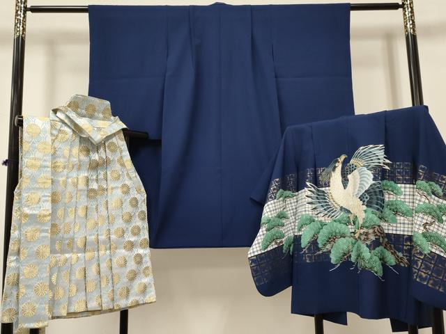平和屋着物[]七五三　男の子　祝着・羽織・行灯袴セット　鷹　鷲　松文　金彩　DABA3597ma