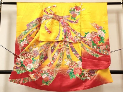平和屋着物[]七五三　女の子　３歳　祝着　三つ身　長襦袢(単衣・半衿刺繍)セット　束ね熨斗鞠花文　暈し染め　金彩　DABA3611ma