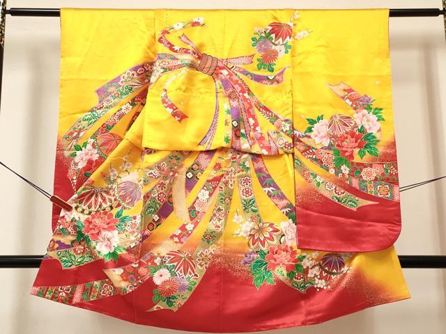 平和屋着物[]七五三　女の子　３歳　祝着　三つ身　長襦袢(単衣・半衿刺繍)セット　束ね熨斗鞠花文　暈し染め　金彩　DABA3611ma