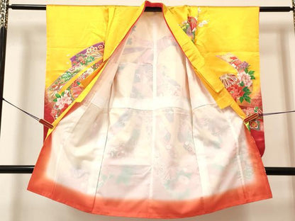 平和屋着物[]七五三　女の子　３歳　祝着　三つ身　長襦袢(単衣・半衿刺繍)セット　束ね熨斗鞠花文　暈し染め　金彩　DABA3611ma