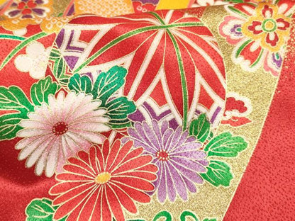 平和屋着物[]七五三　女の子　３歳　祝着　三つ身　長襦袢(単衣・半衿刺繍)セット　束ね熨斗鞠花文　暈し染め　金彩　DABA3611ma