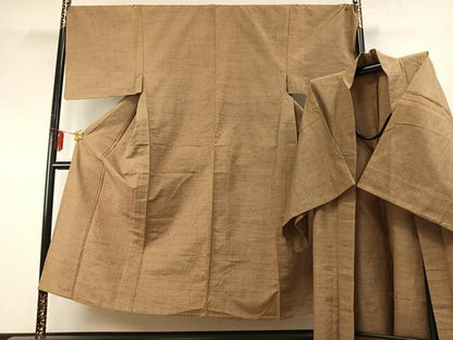 平和屋着物▽男性 紬 単衣 アンサンブル 榛色 正絹 逸品 AABE5638fy