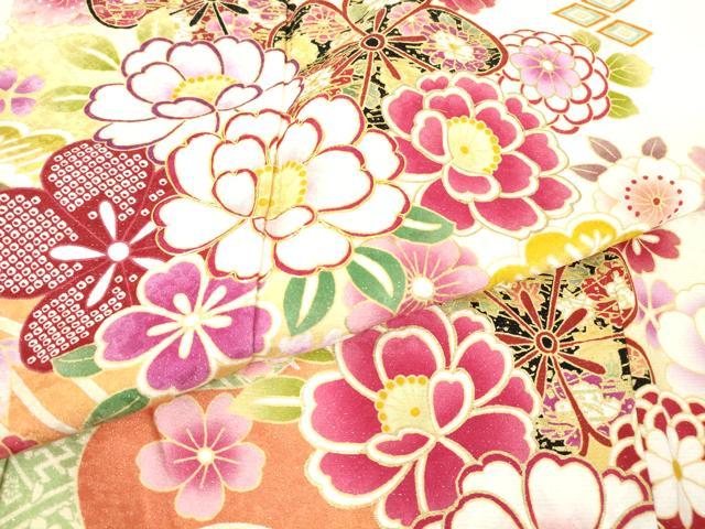 平和屋着物●豪華振袖・長襦袢(無双仕立て)セット　駒刺繍　吉祥花尽くし文　銀通し地　京都きもの友禅扱い　正絹　逸品　DABA4108az