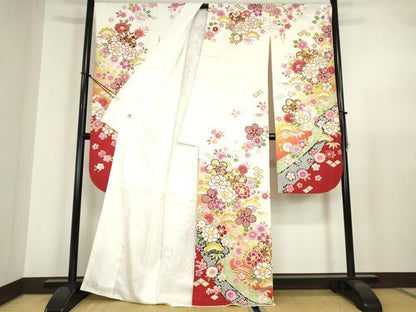 平和屋着物●豪華振袖・長襦袢(無双仕立て)セット　駒刺繍　吉祥花尽くし文　銀通し地　京都きもの友禅扱い　正絹　逸品　DABA4108az