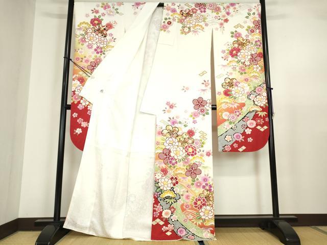 平和屋着物●豪華振袖・長襦袢(無双仕立て)セット　駒刺繍　吉祥花尽くし文　銀通し地　京都きもの友禅扱い　正絹　逸品　DABA4108az
