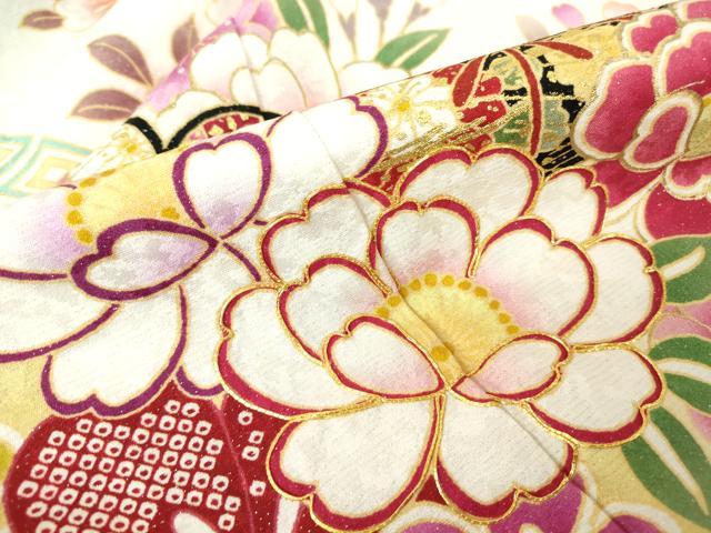 平和屋着物●豪華振袖・長襦袢(無双仕立て)セット　駒刺繍　吉祥花尽くし文　銀通し地　京都きもの友禅扱い　正絹　逸品　DABA4108az