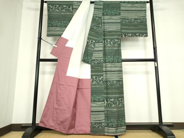 平和屋着物●本真綿紬 本草木染 コプト裂 横段更紗文 証紙付き 正絹 逸品 未使用 DABA4109az