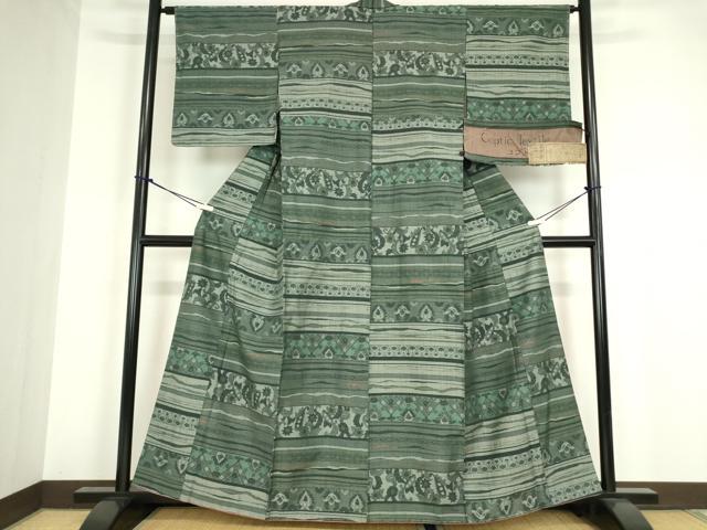 平和屋着物●本真綿紬 本草木染 コプト裂 横段更紗文 証紙付き 正絹 逸品 未使用 DABA4109az