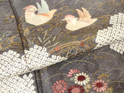 平和屋着物●訪問着　刺繍　絞り　鴛鴦花文　金彩　正絹　逸品　DABA4116az
