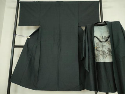 平和屋着物●男性 紬 アンサンブル 紺色 正絹 逸品 DABA4106az