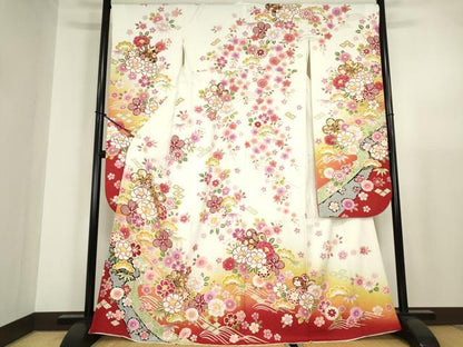 平和屋着物●豪華振袖・長襦袢(無双仕立て)セット　駒刺繍　吉祥花尽くし文　銀通し地　京都きもの友禅扱い　正絹　逸品　DABA4108az