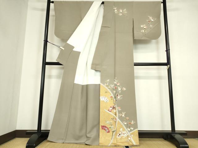 平和屋着物●訪問着 刺繍 地紙枝花文 金彩 正絹 逸品 未使用 DABA4122az