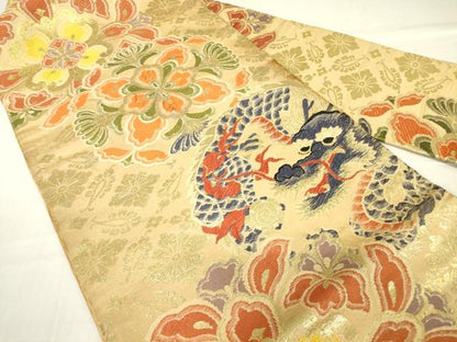 平和屋着物●アンティーク 大正ロマン 九寸名古屋帯 唐織 龍 正倉院花文 金糸 正絹 逸品 DABA4180az