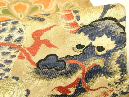 平和屋着物●アンティーク 大正ロマン 九寸名古屋帯 唐織 龍 正倉院花文 金糸 正絹 逸品 DABA4180az