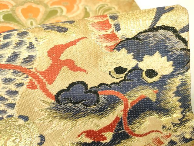 平和屋着物●アンティーク 大正ロマン 九寸名古屋帯 唐織 龍 正倉院花文 金糸 正絹 逸品 DABA4180az