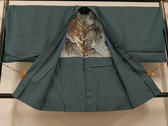 平和屋着物●男性　お召　アンサンブル　亀甲柄　キングサイズ　正絹　逸品　AABE8923ph