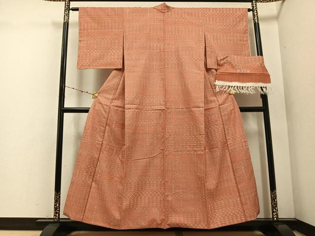 平和屋着物●訪問着　手織牛首　加賀染紬　割付文　三越扱い　反端付き　正絹　逸品　AABE8926ph 平和屋着物○訪問着 手織牛首 加賀染紬 割付文 三越扱い 反