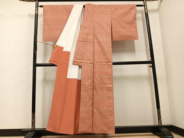 平和屋着物○楽心庵 訪問着 紬地 花織 横段文 正絹