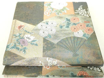 平和屋着物◎六通柄袋帯　唐織　扇面枝花文　金糸　引箔　正絹　逸品　DABA9208qa