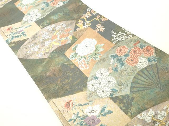平和屋着物◎六通柄袋帯　唐織　扇面枝花文　金糸　引箔　正絹　逸品　DABA9208qa