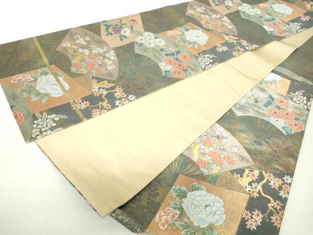 平和屋着物◎六通柄袋帯　唐織　扇面枝花文　金糸　引箔　正絹　逸品　DABA9208qa