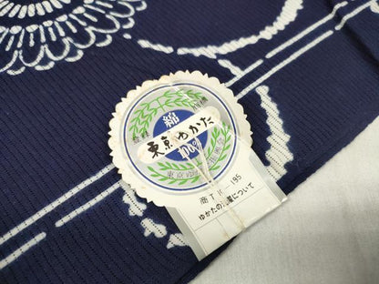 平和屋着物＊夏物 浴衣 反物 着尺 綿絽 かぐや好み染 菊唐草文 紺地 綿 逸品 未使用 DABA7473zzz