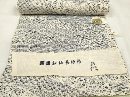 平和屋着物＊夏物　浴衣　反物　着尺　辨慶紅梅長板染　流水花文　綿　逸品　未使用　DABA7470zzz