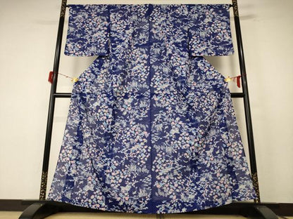 平和屋着物＊夏物 小紋 絽 風景草花文 洗える着物 AABE7458jd