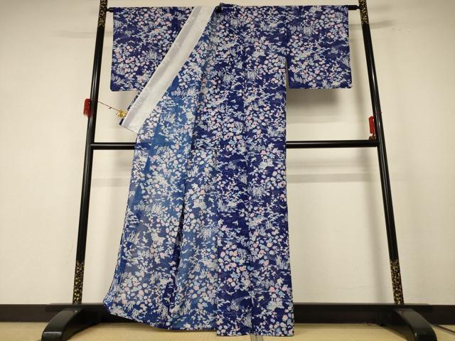 平和屋着物＊夏物 小紋 絽 風景草花文 洗える着物 AABE7458jd