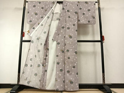 平和屋着物▽小紋 単衣 笹の葉文 金彩 洗える着物 AABE5695fy