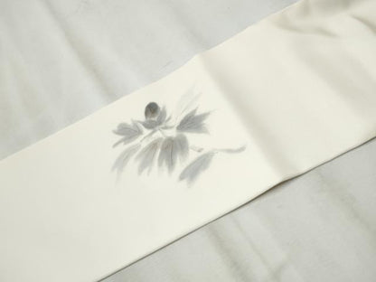 平和屋着物●塩瀬　九寸名古屋帯　手描き　枝牡丹　金彩　正絹　逸品　CABB9287hy