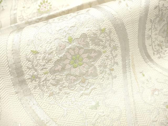 平和屋着物●本場筑前博多織　八寸名古屋帯　縦枠花文　銀糸　正絹　逸品　CABB9291hy 平和屋着物○本場筑前博多織 八寸名古屋帯 縦枠花文 銀糸 正絹 逸品