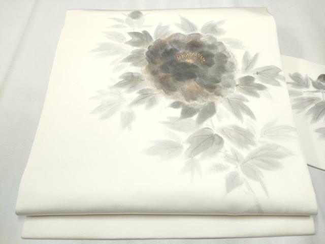 平和屋着物●塩瀬　九寸名古屋帯　手描き　枝牡丹　金彩　正絹　逸品　CABB9287hy