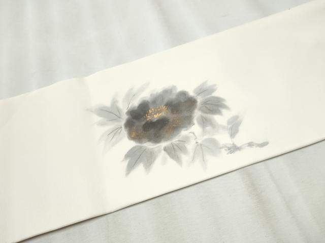 平和屋着物●塩瀬　九寸名古屋帯　手描き　枝牡丹　金彩　正絹　逸品　CABB9287hy