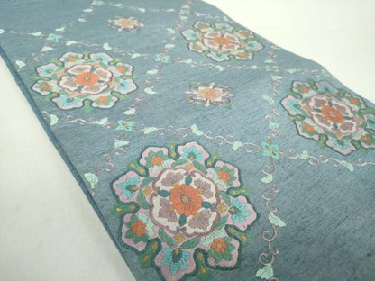 平和屋着物●太鼓柄袋帯　紬地　総刺繍　格子花文　正絹　逸品　未使用　DABA1716ps